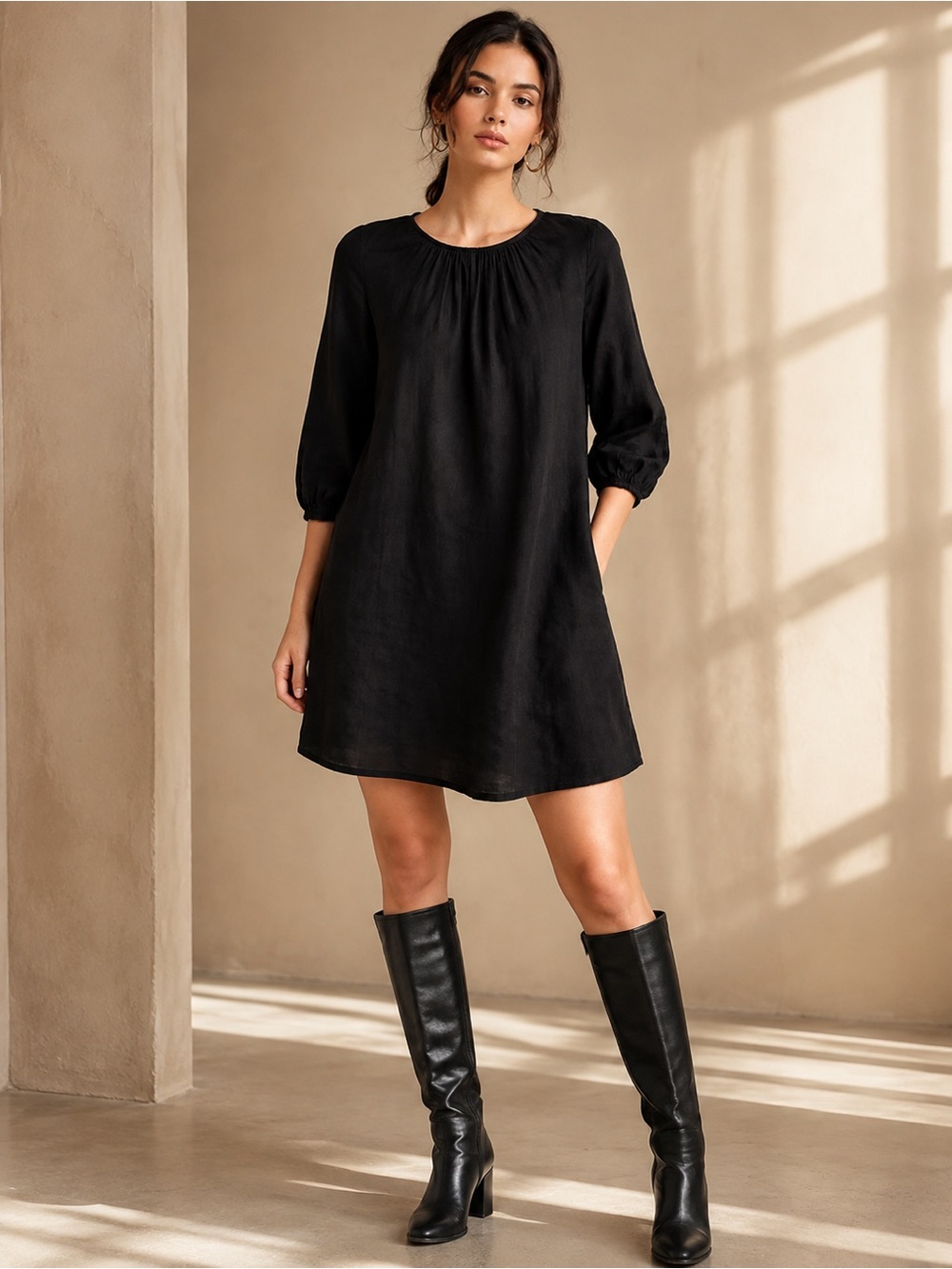 Aritzia Wilfred Silk Trim Oversized Shift Dress Blk| Balloon Tunic | 3/4 Sleeve